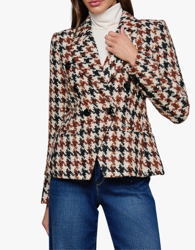 L'agence Marie Double Breasted Blazer in Black, Brown & Cream Houndstooth