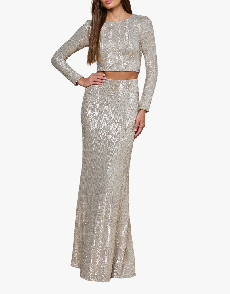 L'agence Sequin Zeta Long Skirt in Silver Sequin Swirl