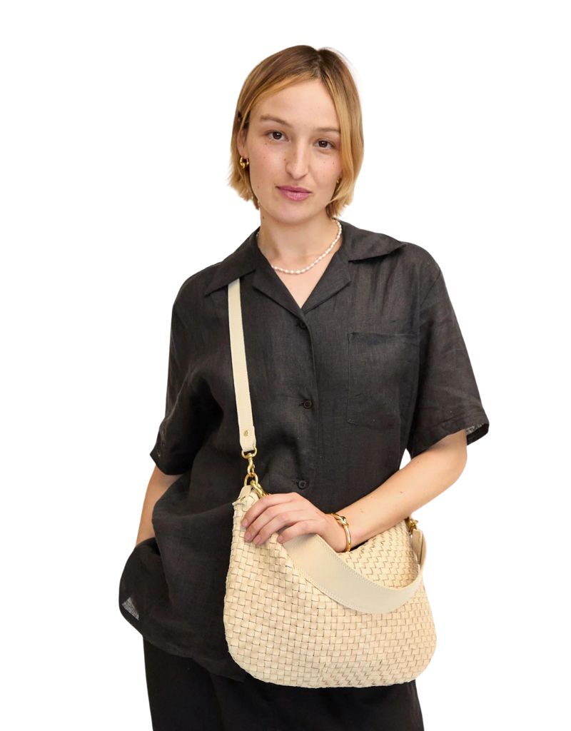 Clare V. Moyen Messenger Handbag in Cream Woven Checker