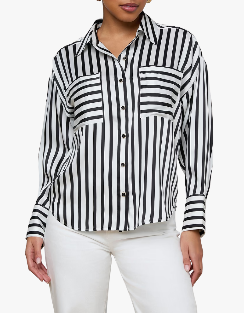 L'agence Eliora Relaxed Blouse in Black & Ivory Even Stripe