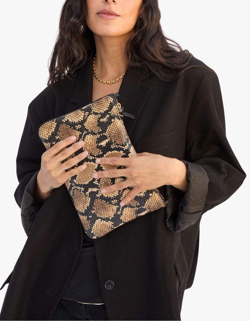 Clare V. Flat Clutch with Tabs - Desert Snake in Tan