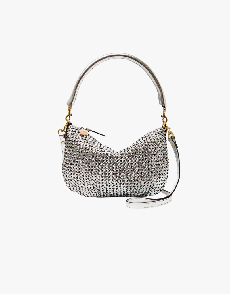 Clare V. Petit Moyen Messenger in Silver Woven Etoile