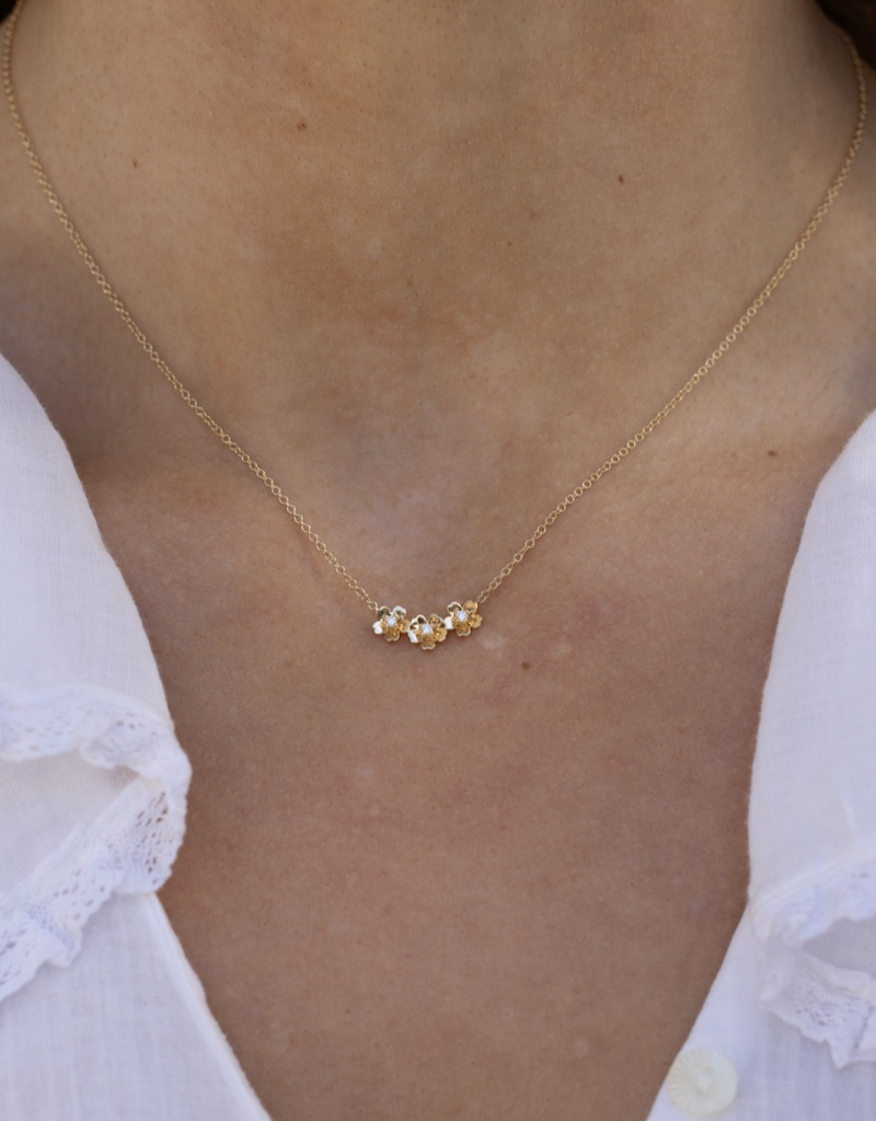 EF Collection Triple Gold and Diamond Mini Cherry Blossom Necklace in 14k Yellow Gold