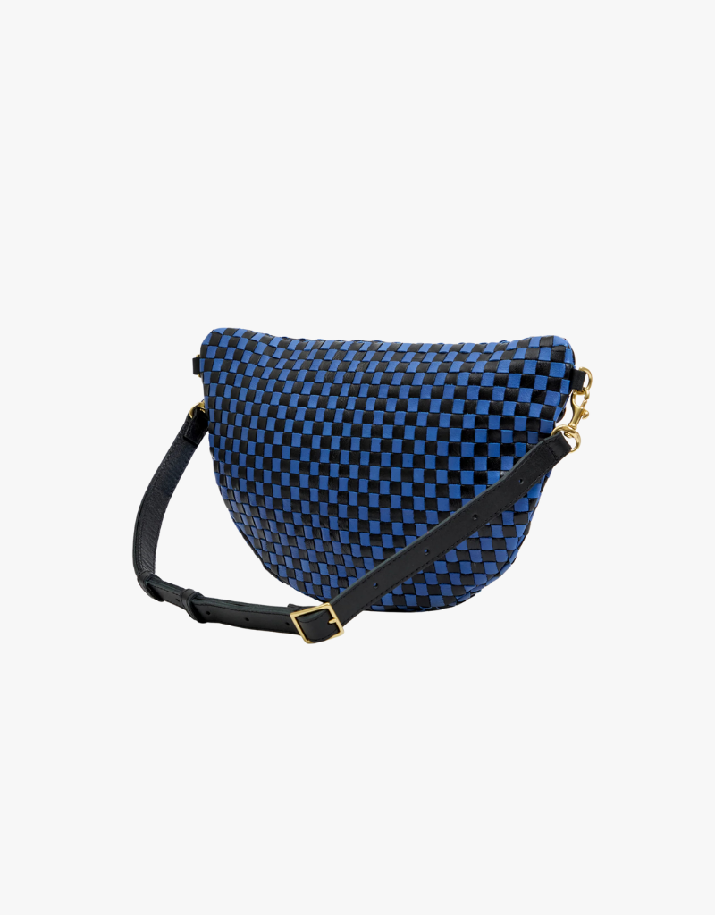 Clare V. Grande Fanny in Black & Cobalt Woven Checker