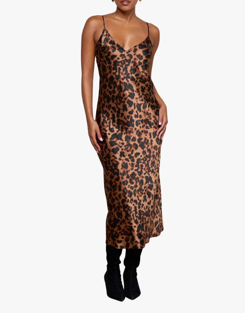 L'agence Seridie Mid Length Slip Dress in Brown Multi Amur Leopard