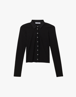 Perfect White Tee Amee Luxe Rib Long Sleeve Button Polo in True Black