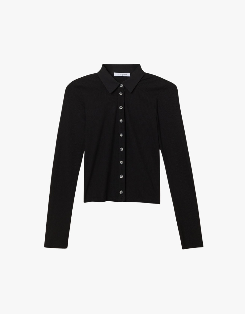 Perfect White Tee Amee Luxe Rib Long Sleeve Button Polo in True Black