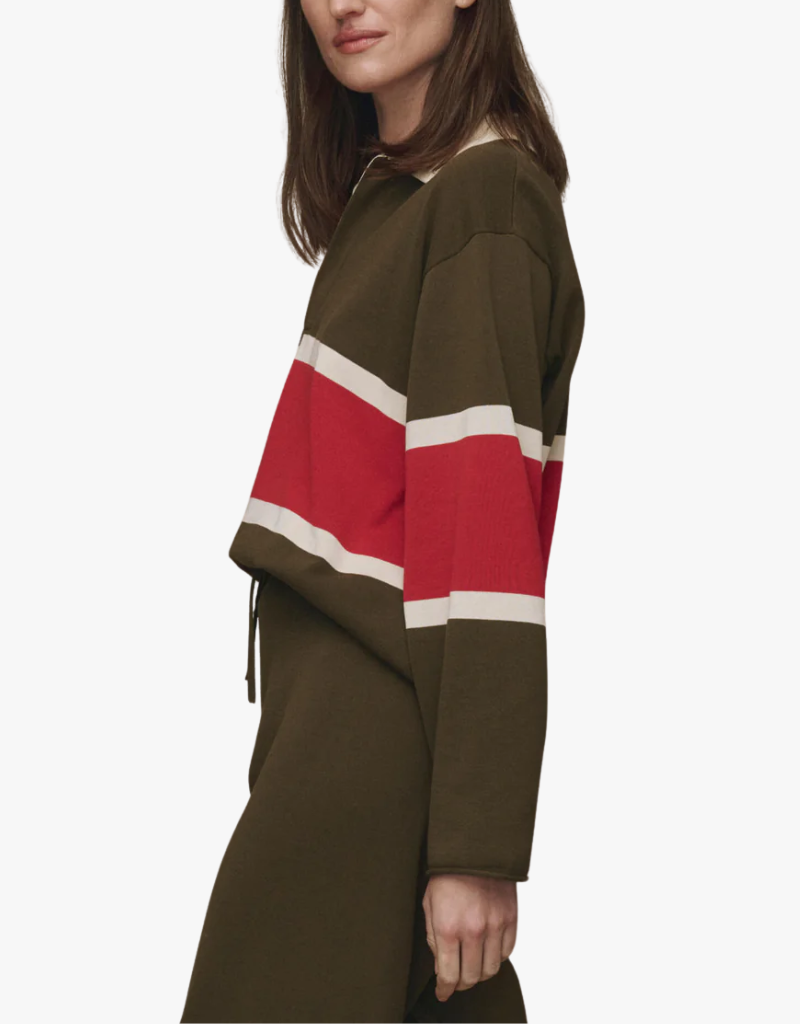The Great The Rugby Sweater in Army w/ Red Hot Stripe