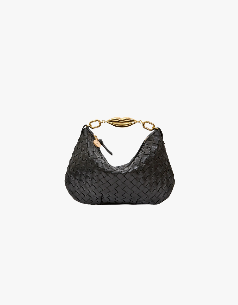 Clare V. Petit Moyen Messenger in Black Woven Diagonal