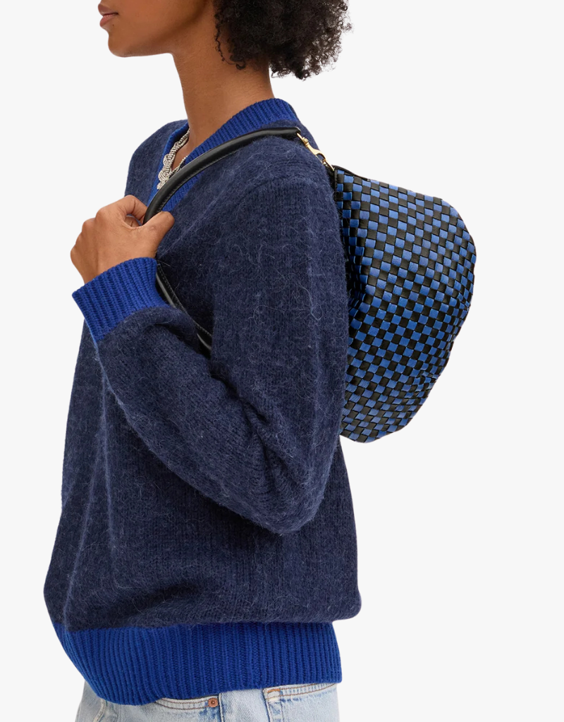Clare V. Petit Moyen Messenger in Black & Cobalt Woven Checker