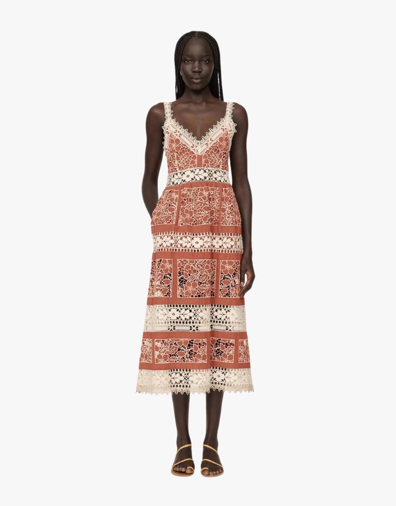 Sea NY Joah Embroidery Sleeveless Midi Dress in Brick