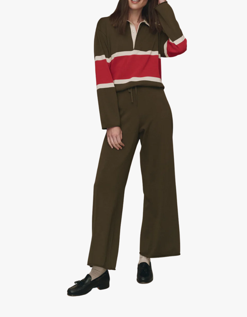The Great The Rugby Sweater in Army w/ Red Hot Stripe