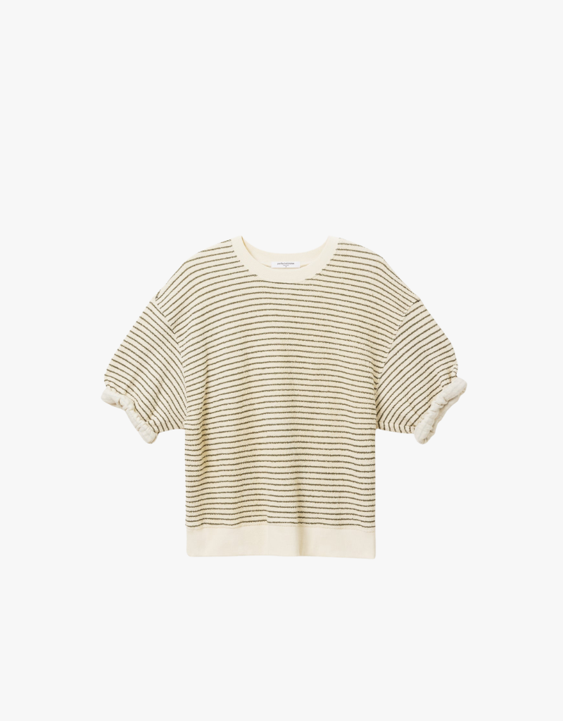 Perfect White Tee Rebecca French Terry Stripe 3/4 Puff Sleeve Sweatshirt in Green Stripe