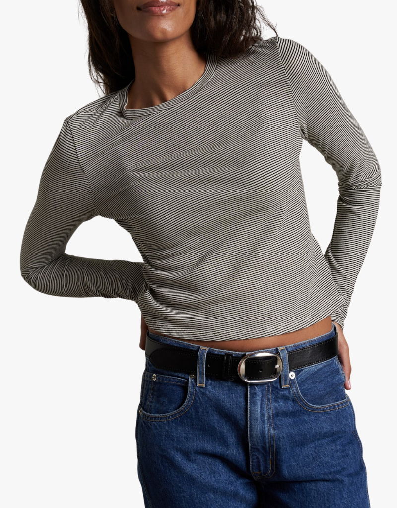 Perfect White Tee Jamie Stripe Jersey Crewneck Long Sleeve in Ivory & Black Stripe