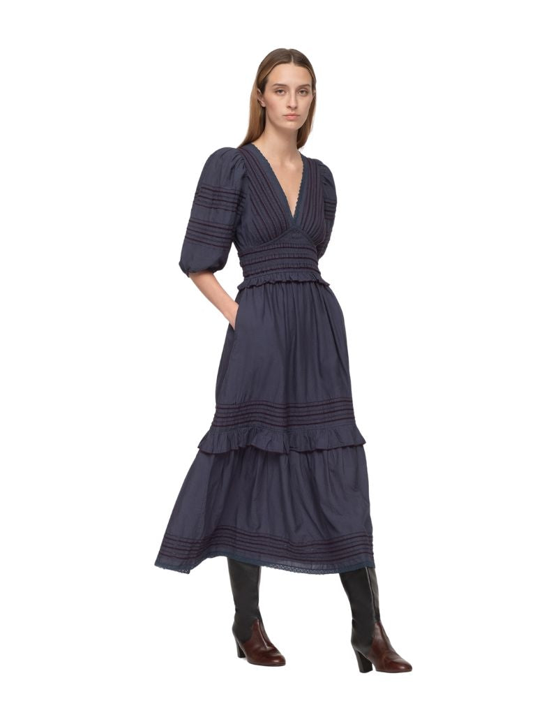 Sea NY Mable Cambric Puff Sleeve Midi Dress in Admiral