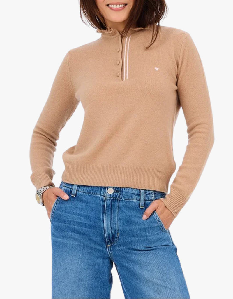 Kerri Rosenthal Femme Ruffle Henley Sweater in Camel