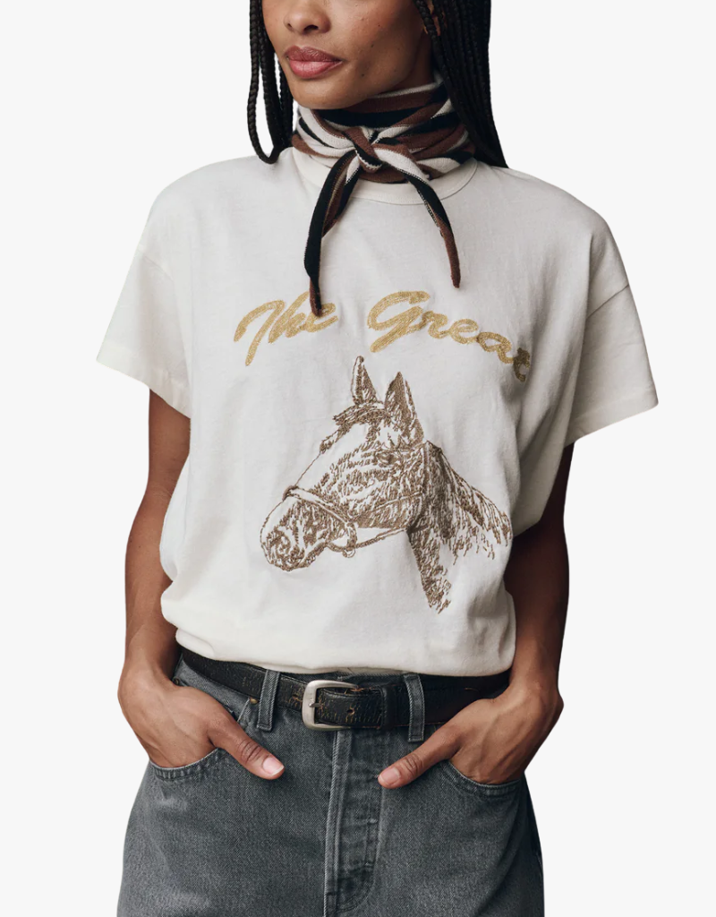The Great The Boxy Crew w/ Horse Embroidery in Washed White