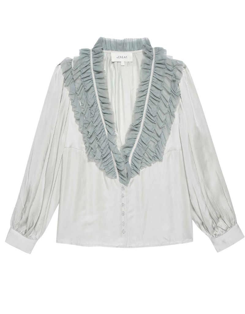 The Great The Ruffled Tuxedo Top in Silver with Icy Blue