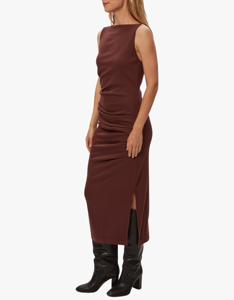 Michael Stars Reign Knife Neck Midi Pleated Dress in Espresso