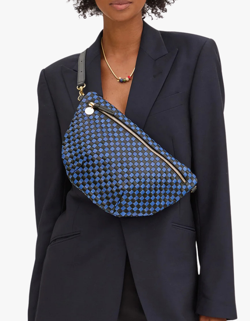 Clare V. Grande Fanny in Black & Cobalt Woven Checker