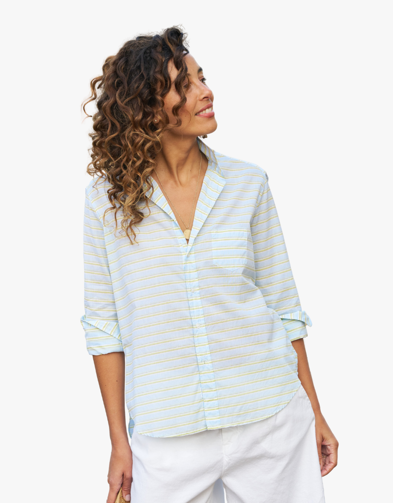 Frank & Eileen "Eileen" Relaxed Button Up Shirt in Blue & Chartreuses Multi Stripe (Italian Light Poplin)