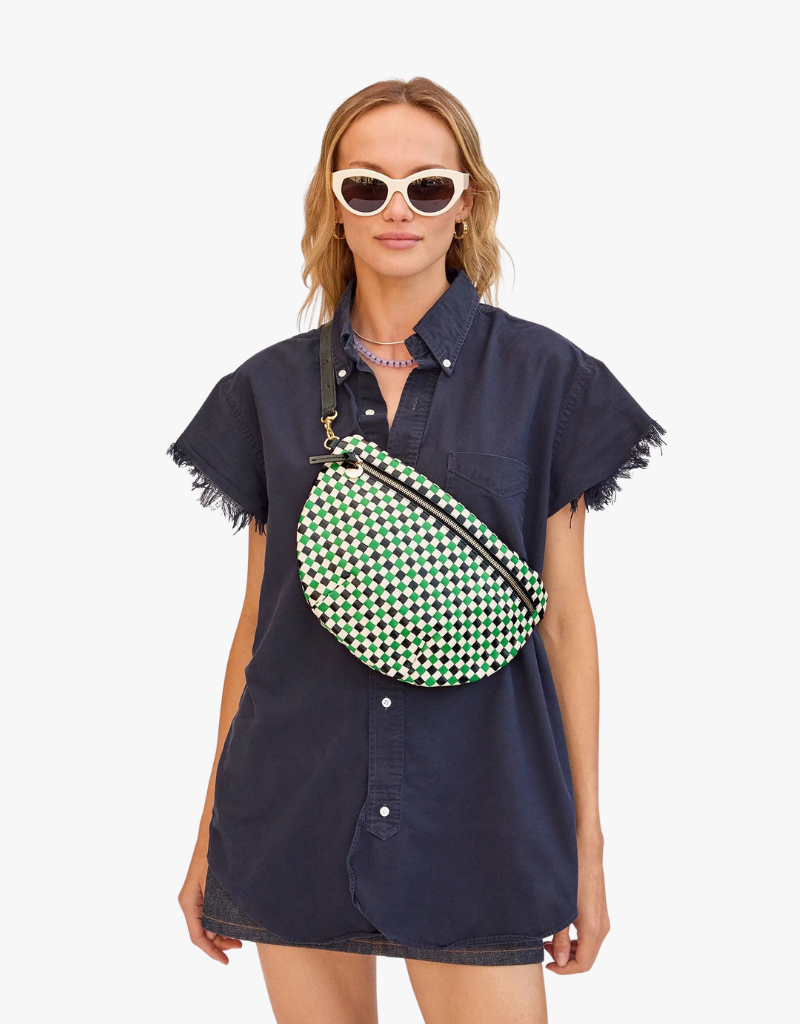 Clare V. Grande Fanny in Green Apple Multi Woven Checker