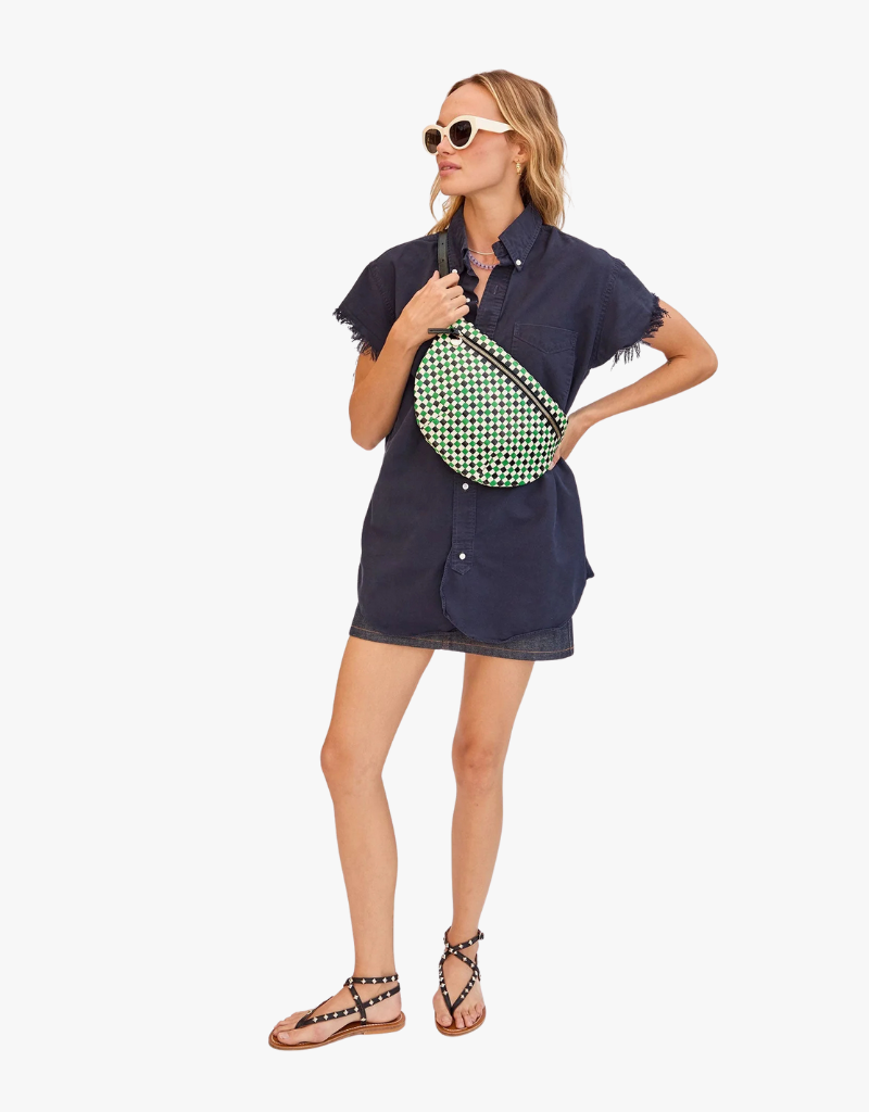 Clare V. Grande Fanny in Green Apple Multi Woven Checker