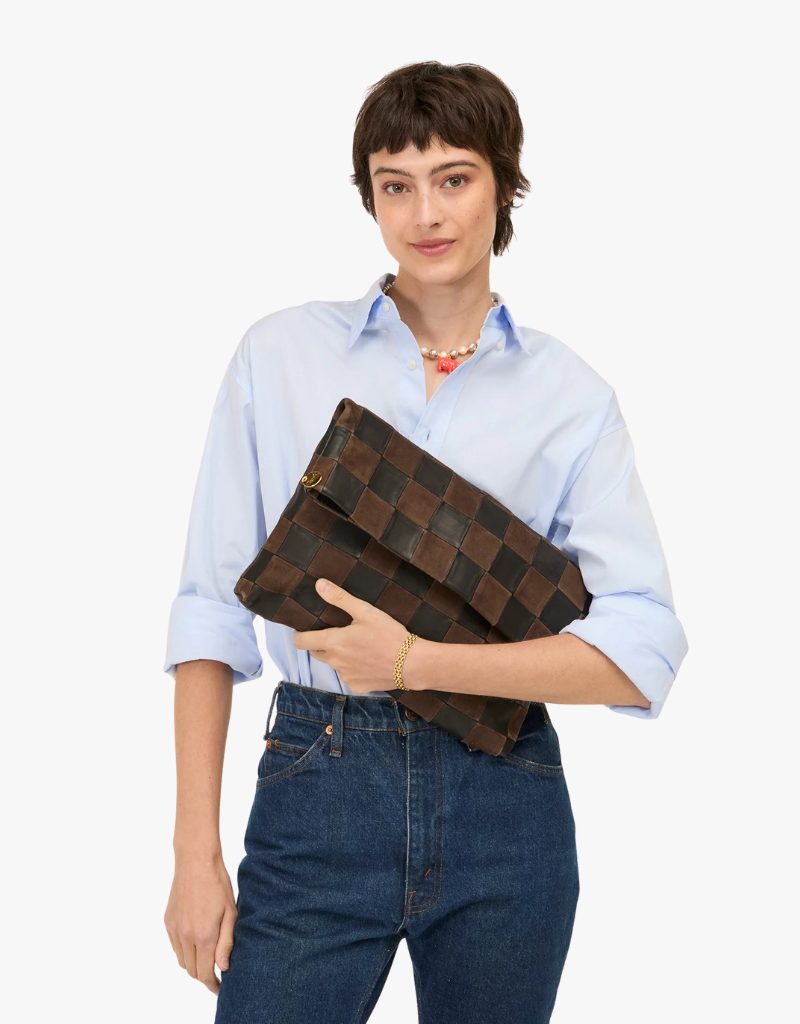 Clare V. Carryall Clutch w/ Tabs in Black & Chocolate Nappa & Suede Checker