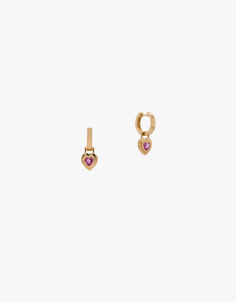 Bridget King Double Bezel Pink Sapphire Heart Drops in Yellow Gold