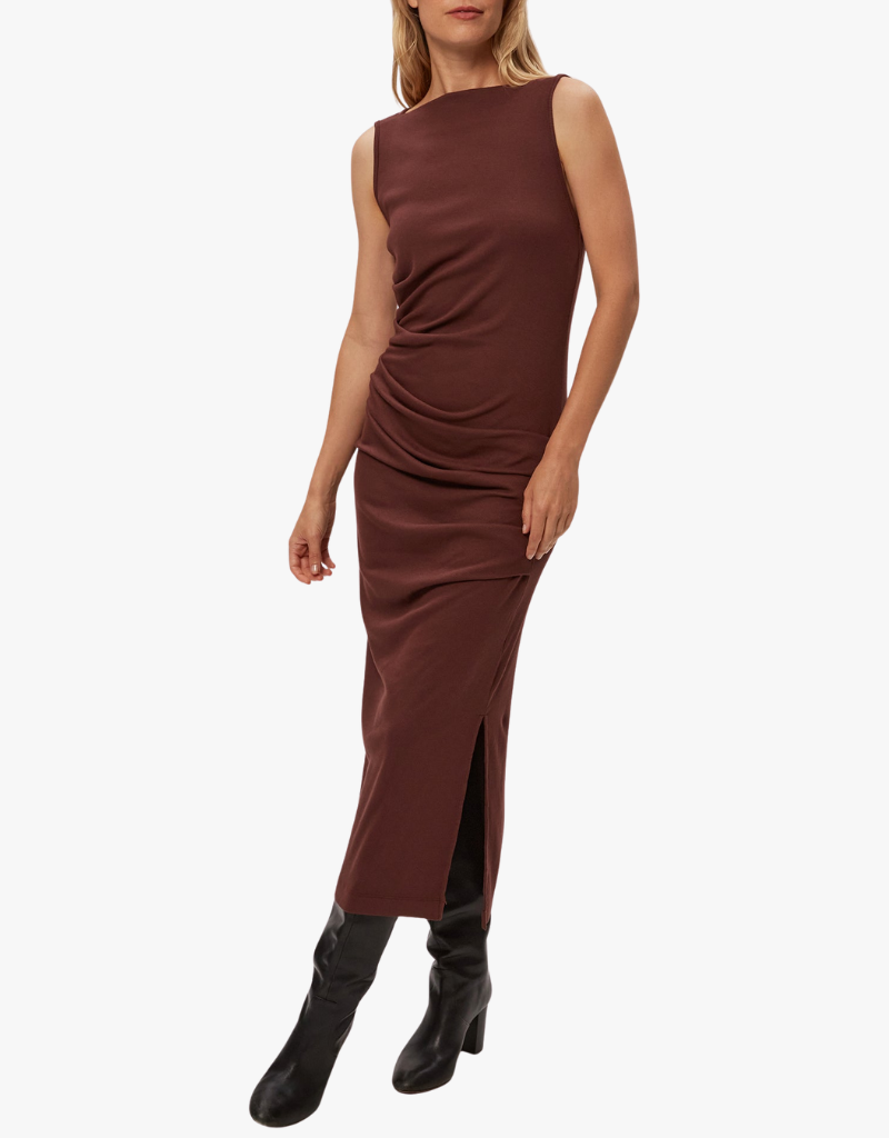 Michael Stars Reign Knife Neck Midi Pleated Dress in Espresso