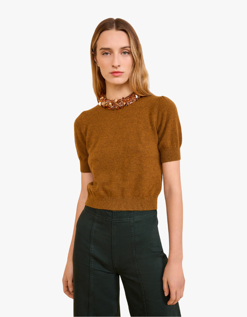 Ulla Johnson Liv Embroidered Cashmere Short Sleeve Knit Top in Umber