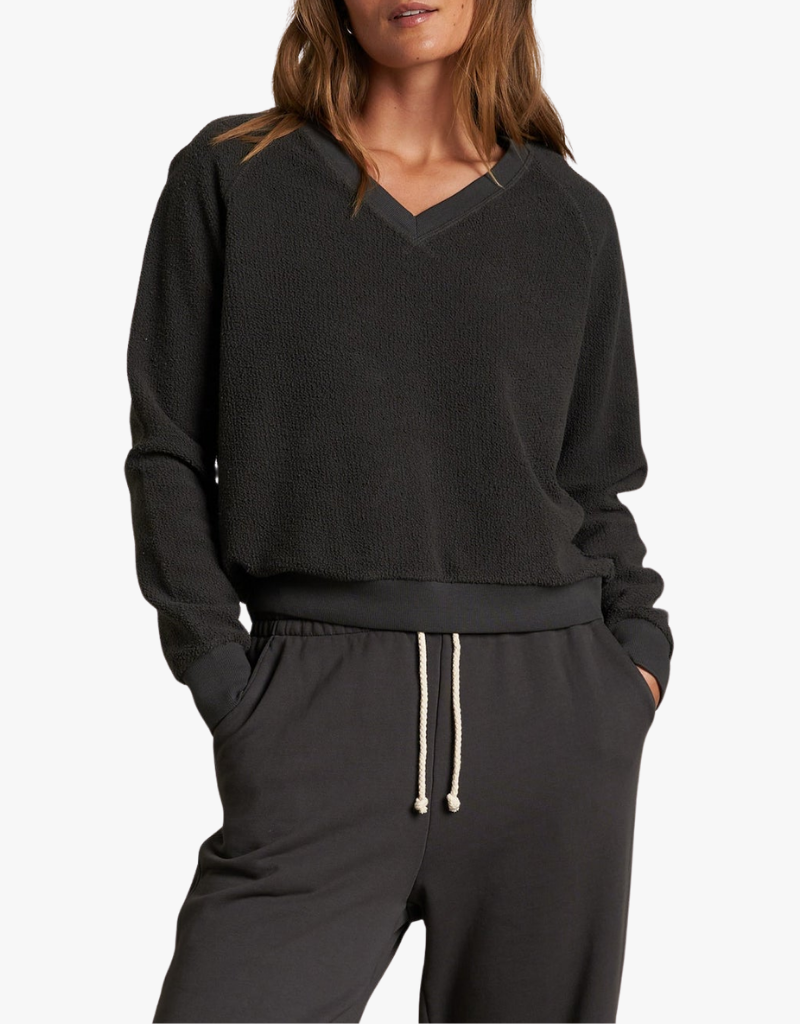 Perfect White Tee Zuri Reverse Fleece V Neck Sweatshirt in Vintage Black