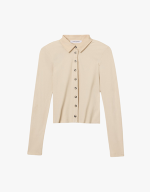 Perfect White Tee Amee Luxe Rib Long Sleeve Button Polo in Sugar