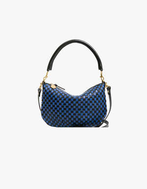 Clare V. Petit Moyen Messenger in Black & Cobalt Woven Checker