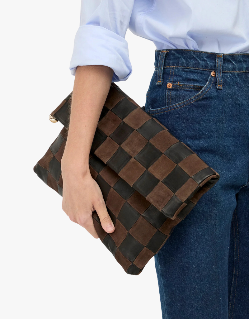 Clare V. Carryall Clutch w/ Tabs in Black & Chocolate Nappa & Suede Checker