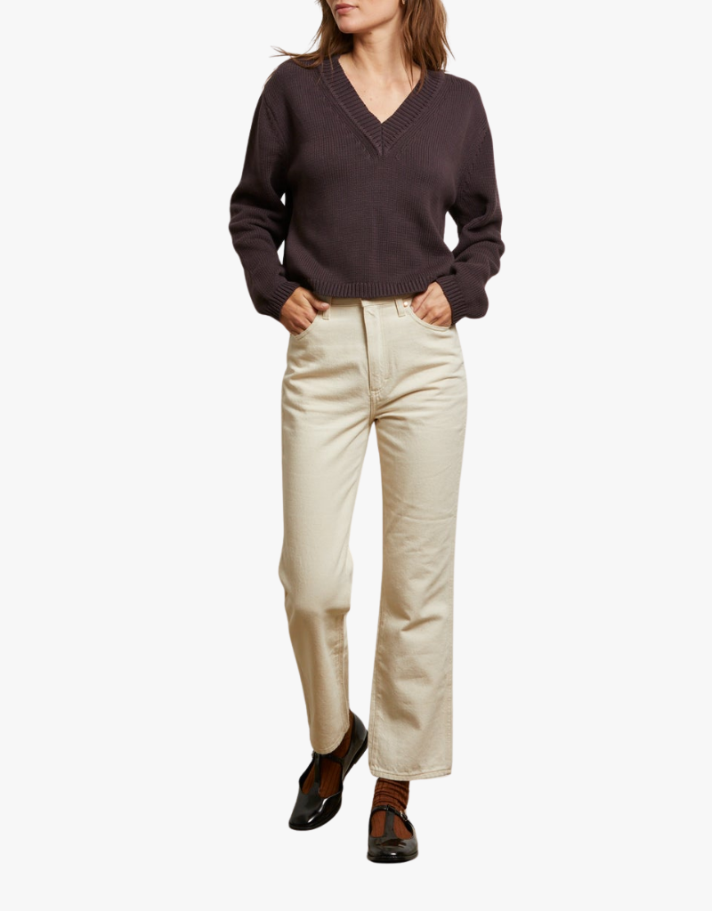 Perfect White Tee Addie Cotton Oversized V-Neck Sweater in Cocoa