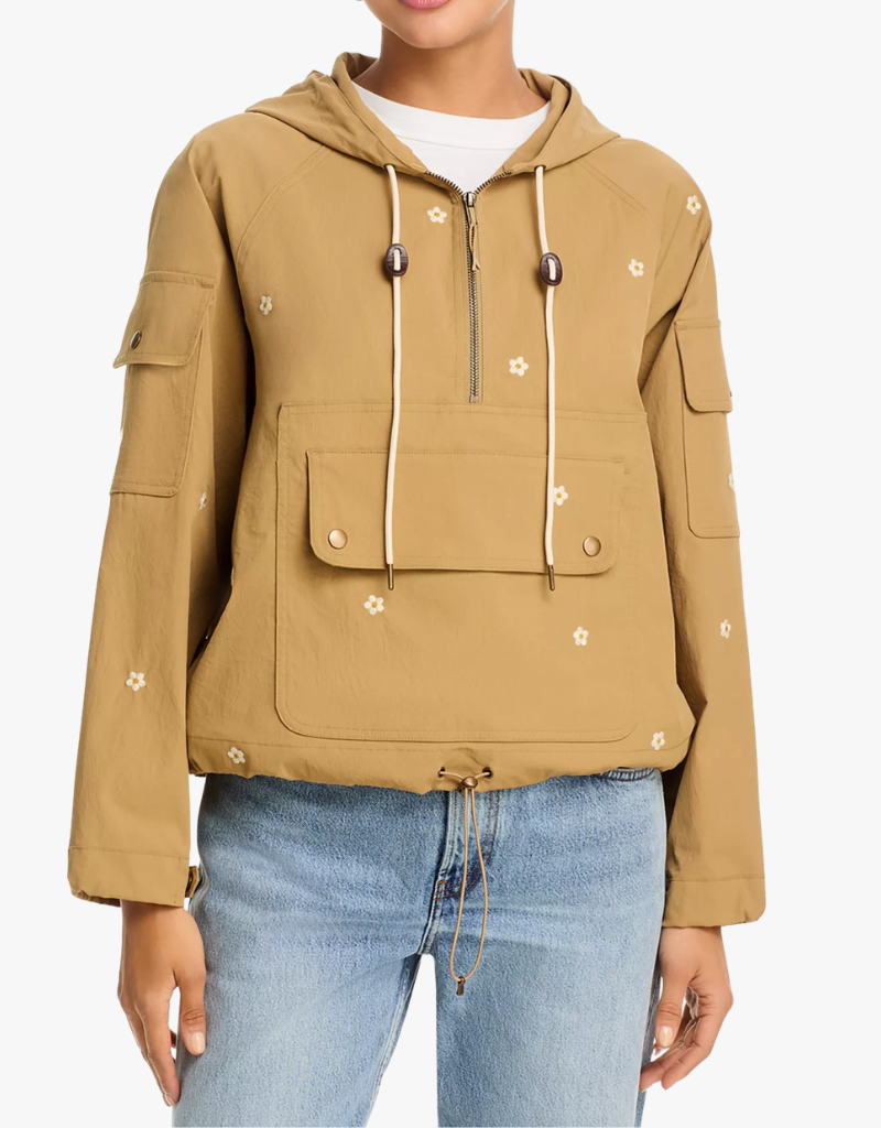 The Great The Embroidered Cropped Trailhead Pullover in Khaki With Daisy Embroidery