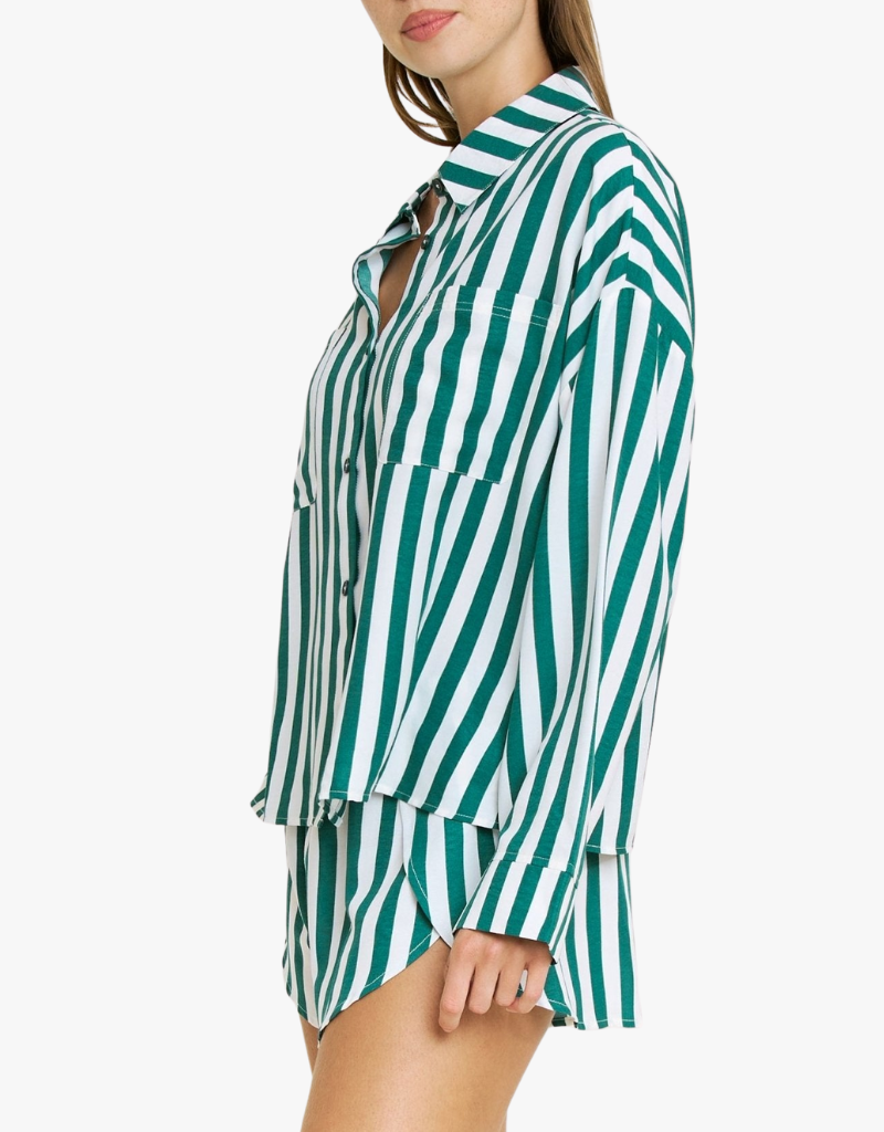 Honeydew Brunch Date Long Sleeve Shortie PJ Set in Mistletoe Stripe