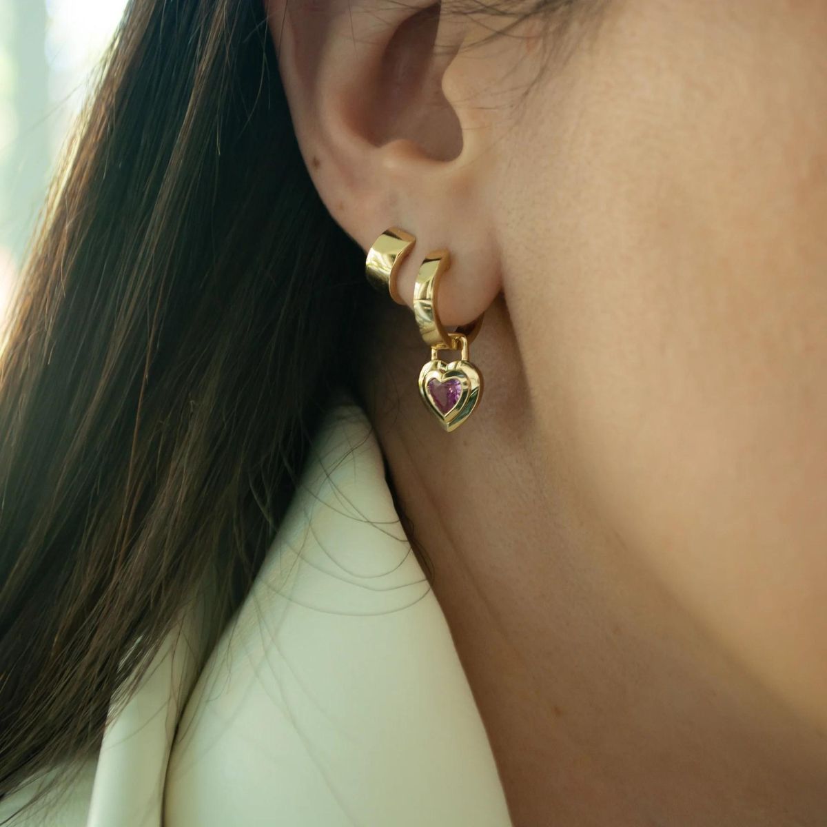 Bridget King Double Bezel Pink Sapphire Heart Drops in Yellow Gold