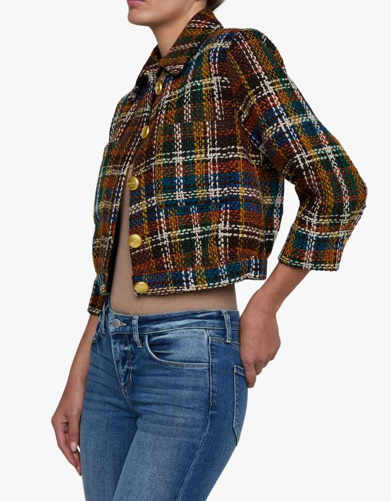 L'agence Jia Crop 3/4 Sleeve Jacket in Brown Multi Plaid