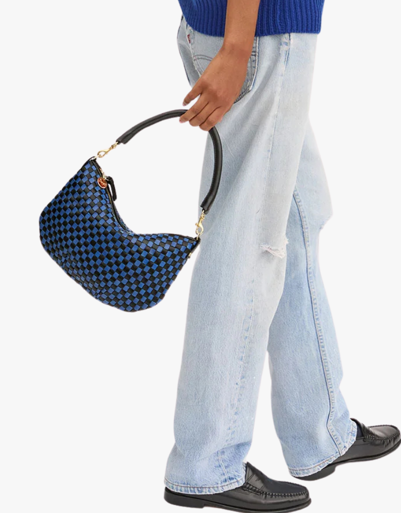 Clare V. Petit Moyen Messenger in Black & Cobalt Woven Checker