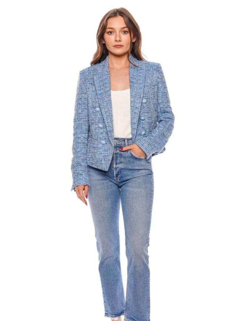 L'agence Brooke Double Breasted Crop Blazer in Blue Multi Tweed