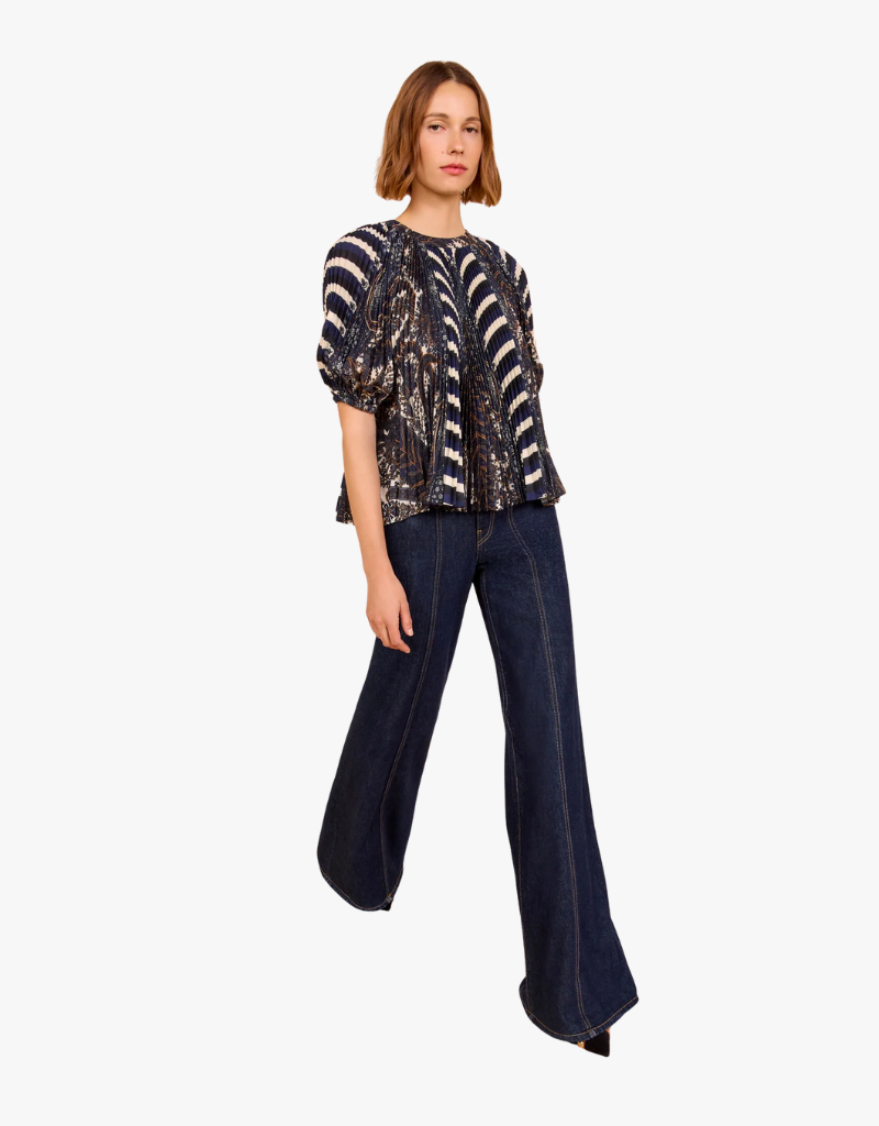 Ulla Johnson Dafna Pleated Short Sleeve Blouse in Eclipse