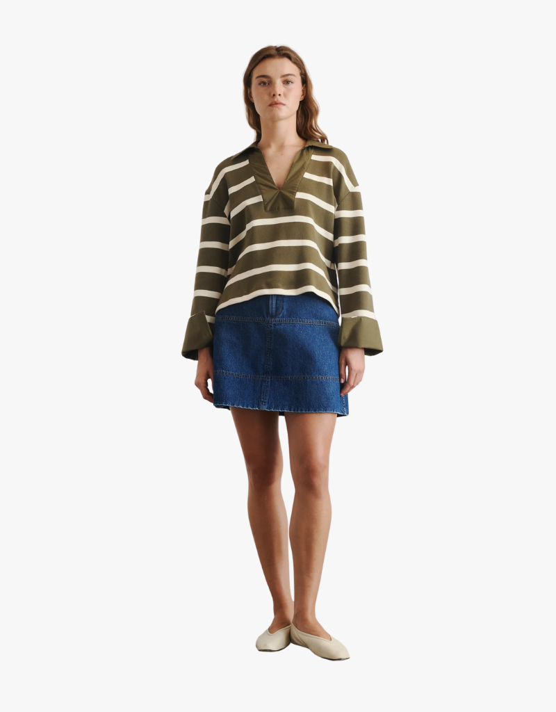 Tanya Taylor Whitney Top in Fern & Cream Wide Stripe