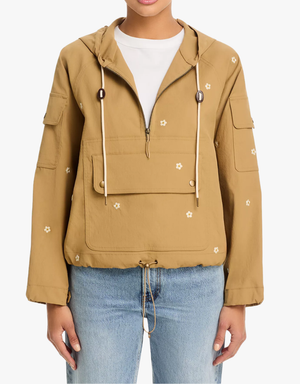 The Great The Embroidered Cropped Trailhead Pullover in Khaki With Daisy Embroidery