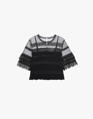 The Great The Winter Mesh Flounce Top in Black