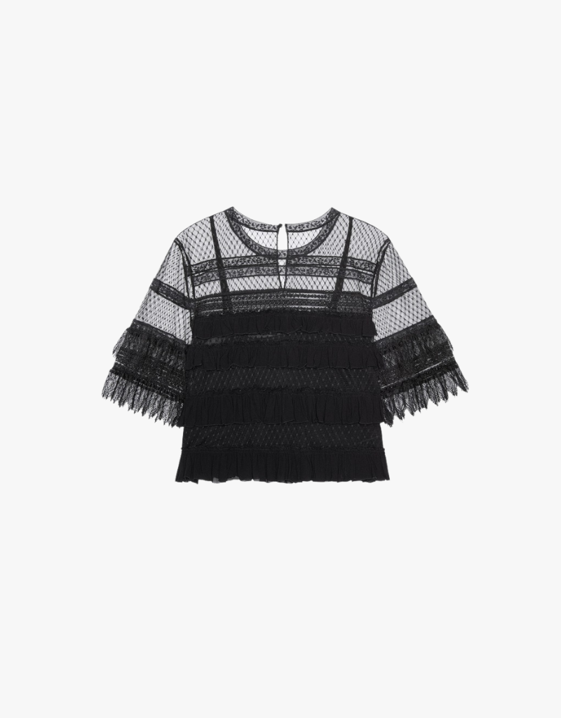 The Great The Winter Mesh Flounce Top in Black