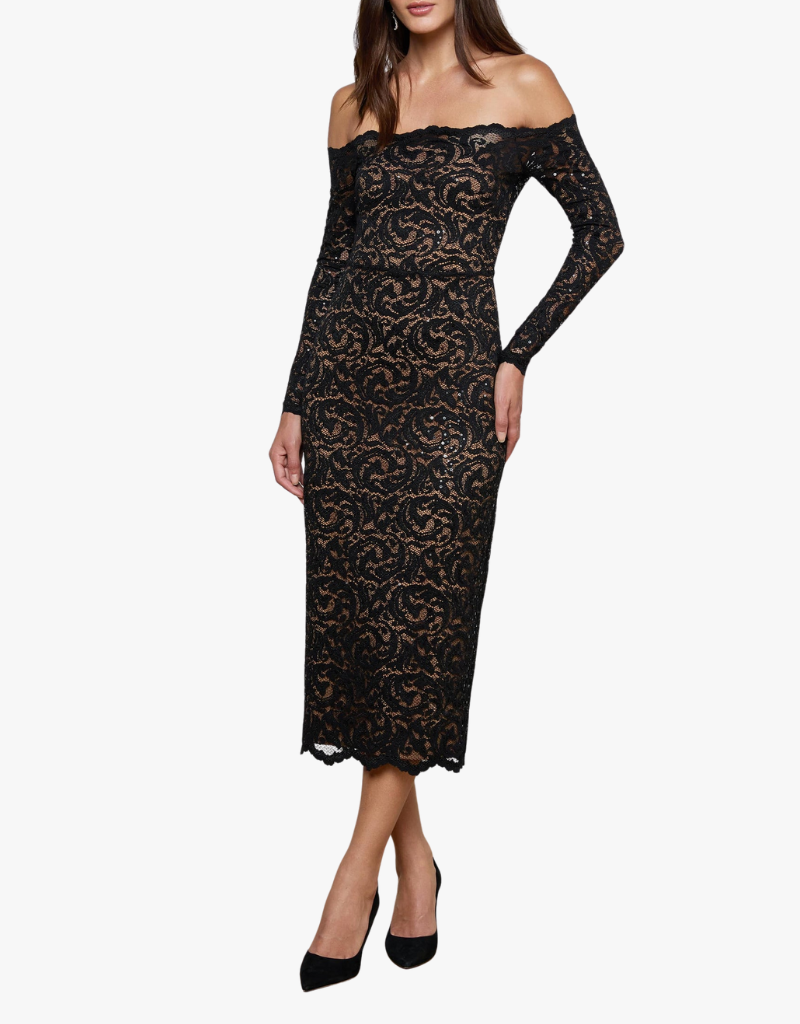 L'agence Lindsay Off Shoulder Lace Dress in Black
