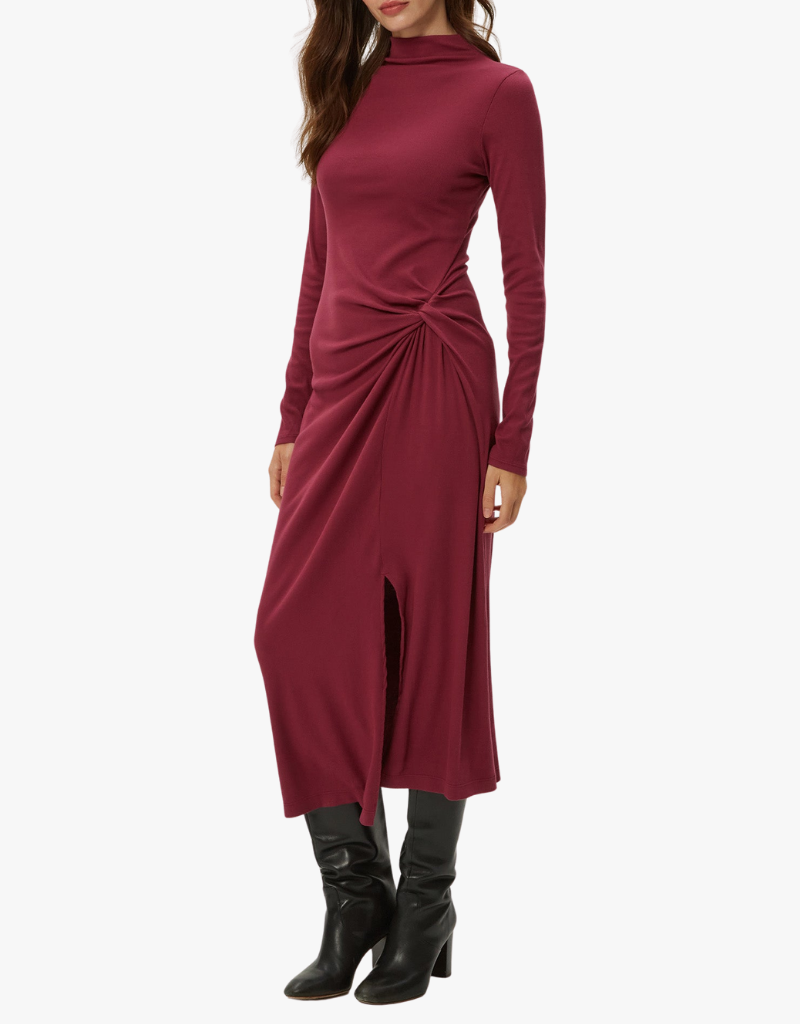Michael Stars Tish Mock Neck Midi Dress With Slit in Garnet