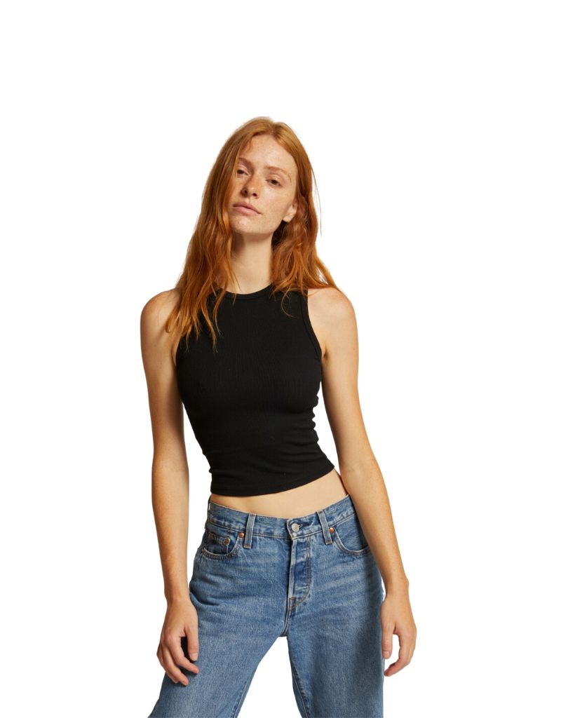 Perfect White Tee Gigi High Neck Cropped Ribbed Tank in True Black